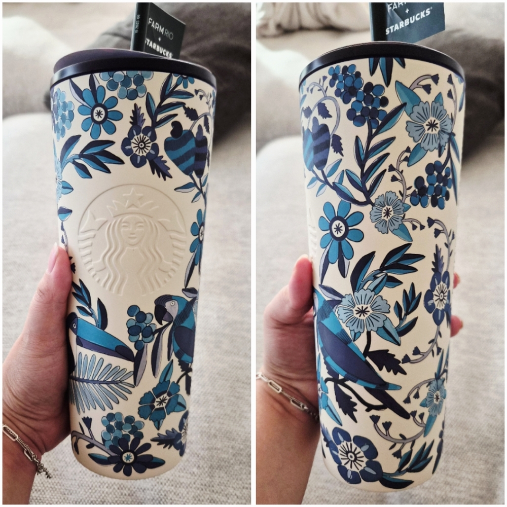 2025 Farm Rio × Starbucks Blue And White Floral 24 OzTumbler Cup LIMITED EDITION